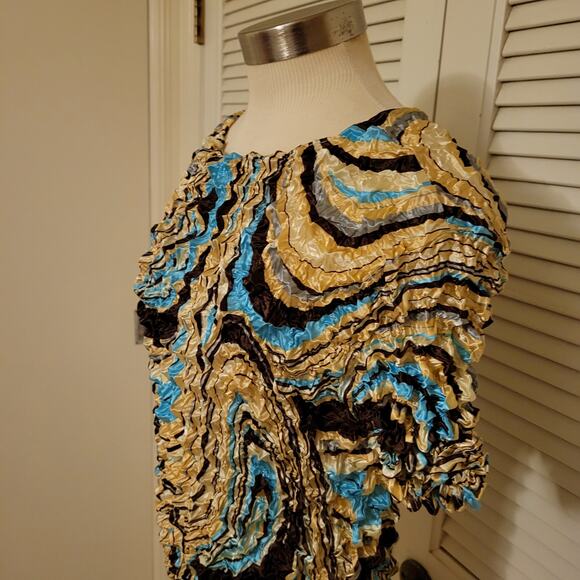 Y2K Crinkle Stretch Top Acrylic Paint Swirl Brown Blue Beige One Size Fits All - Picture 2 of 6